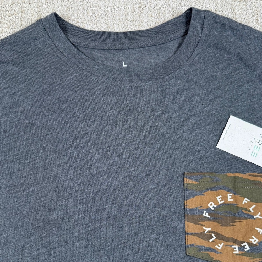 NEW Free Fly Men Large Heather Black Sand Camo Permit Pocket Tee T-Shirt
